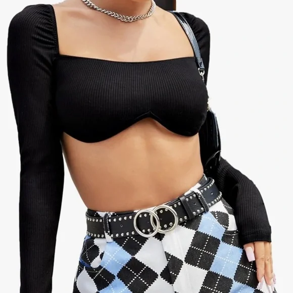 Corset Black Long Sleeve Square Neck Crop Top T03 - Picture 1 of 10